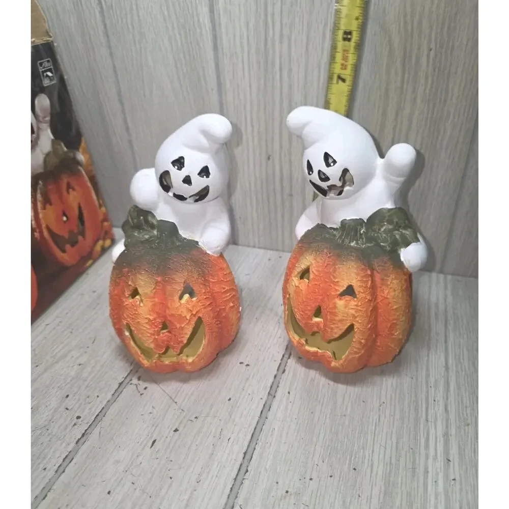 Alco Set of 2 Hand Painted Ceramic GHOST JACK O LANTERN Candle Holders NIB